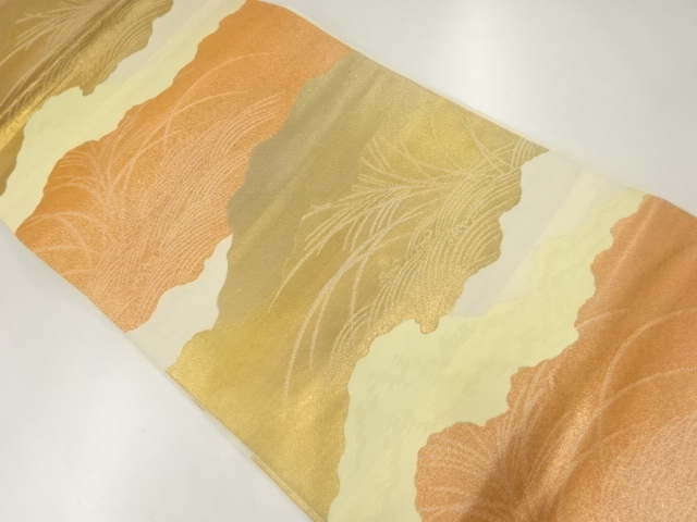 波に草葉模様織出し袋帯